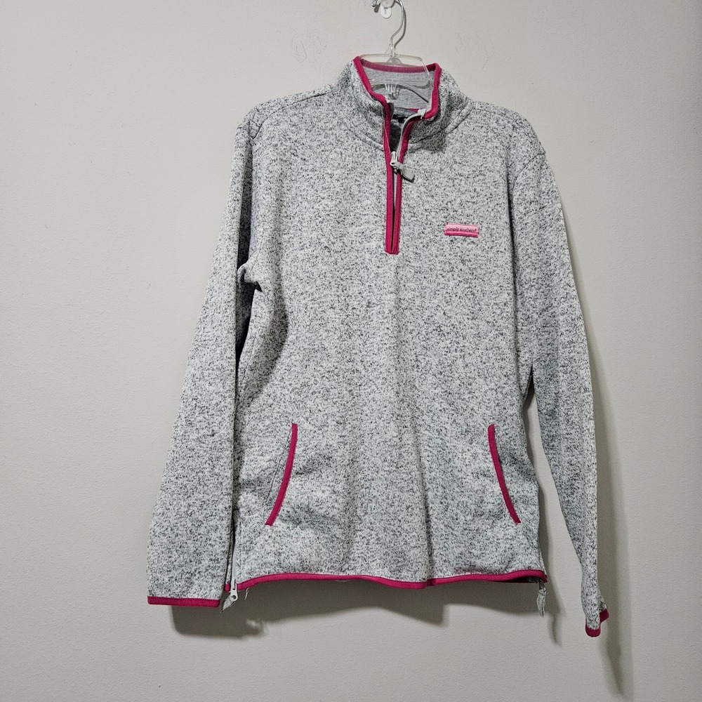 Simply Southern Womens XL Gray Marl Quarter Zip Pullover Sweater Pink Trim Pcket
